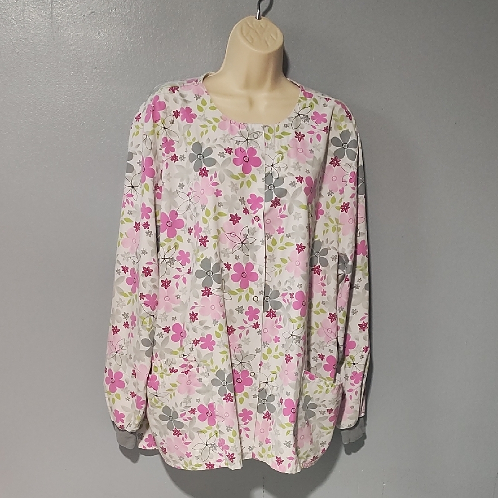 Floral Women's Nurses Scrub Jacket - Pink and Gray - Picture 4 of 17